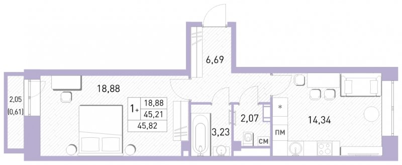 2-комнатная квартира (евро) с полной отделкой, 45.82 м2, 14 этаж, сдача 2 квартал 2023 г., ЖК Столичный, корпус 24 - объявление 1651215 - фото №1