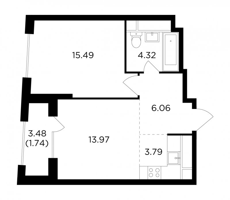 2-комнатная квартира без отделки, 45.37 м2, 28 этаж, дом сдан, ЖК КутузовGRAD 2, корпус 4 - объявление 1747536 - фото №1