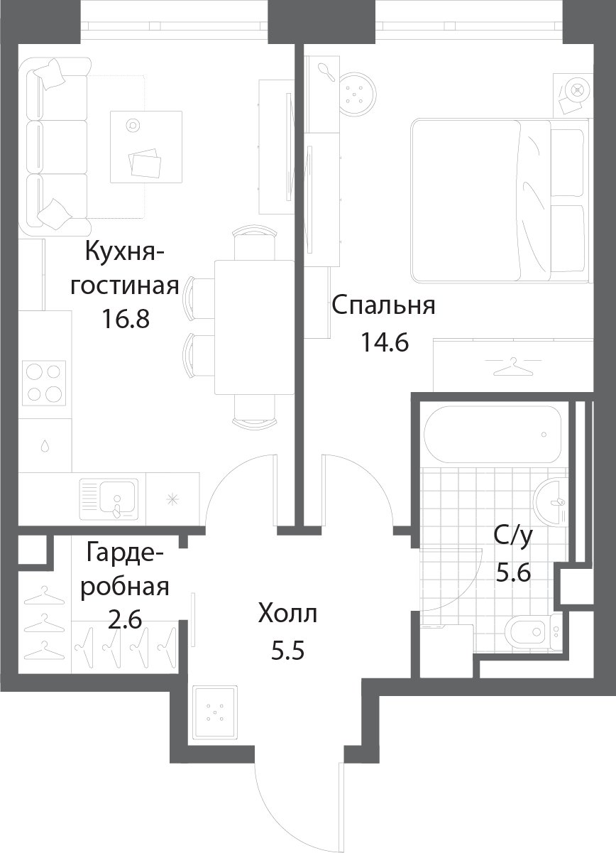 1-комнатная квартира без отделки, 45.1 м2, 3 этаж, сдача 3 квартал 2025 г., ЖК Nagatino i-Land, корпус 2 (3 очередь) - объявление 1981040 - фото №1