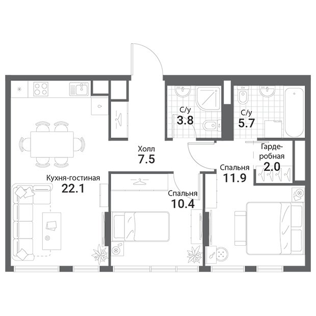 2-комнатная квартира без отделки, 63.4 м2, 18 этаж, дом сдан, ЖК Nagatino i-Land, корпус А1 - объявление 1958967 - фото №1