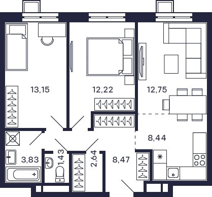 2-комнатная квартира с частичной отделкой, 59.5 м2, 20 этаж, сдача 2 квартал 2025 г., ЖК Квартал Тетрис, корпус "Квартал Тетрис 2.2" - объявление 2296905 - фото №1