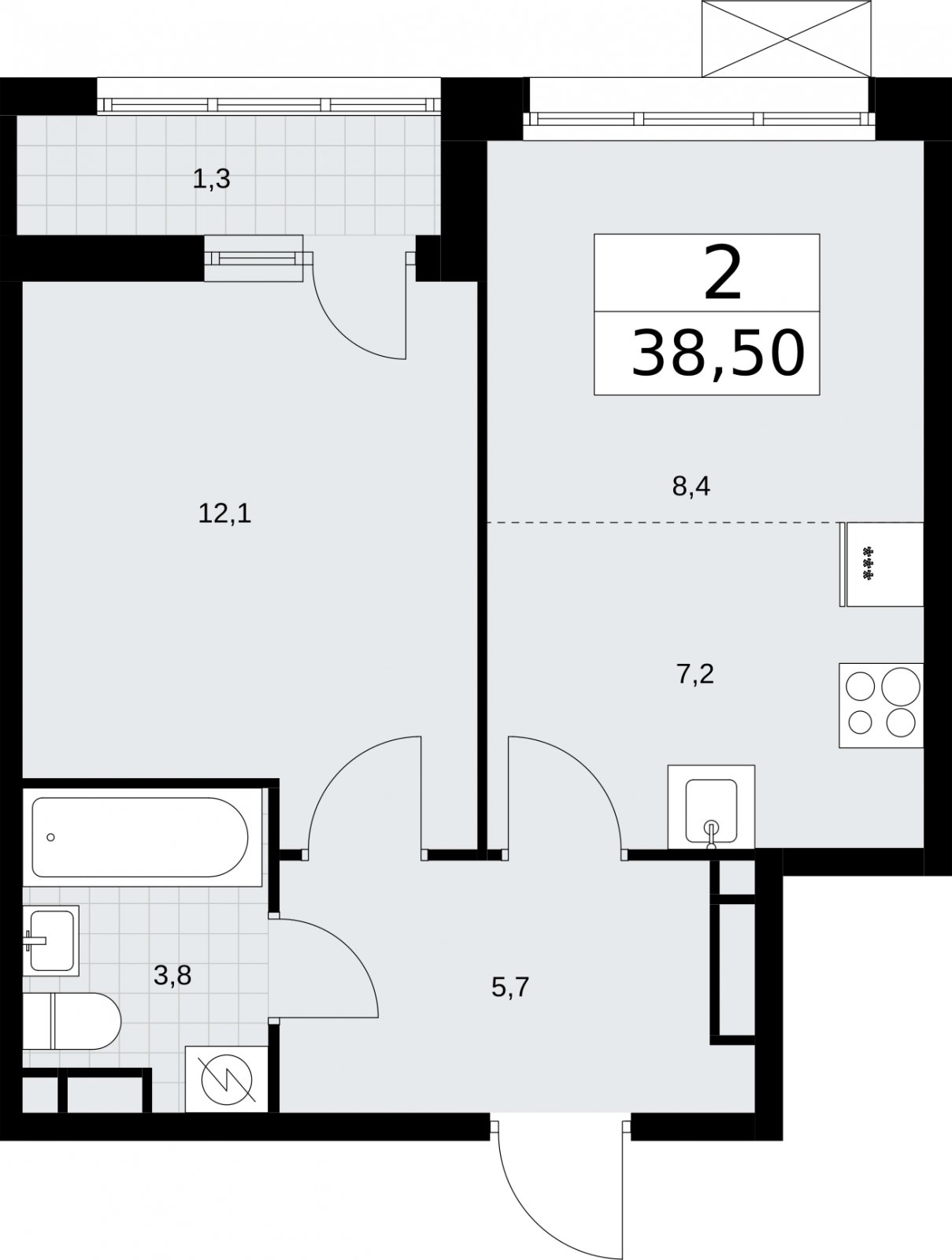 2-комнатная квартира (евро) без отделки, 38.5 м2, 3 этаж, сдача 3 квартал 2026 г., ЖК Родные кварталы, корпус 2 - объявление 2295707 - фото №1