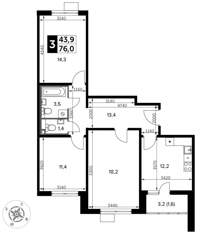 3-комнатная квартира с частичной отделкой, 76 м2, 18 этаж, сдача 3 квартал 2023 г., ЖК Южная Битца, корпус 11 - объявление 1669164 - фото №1