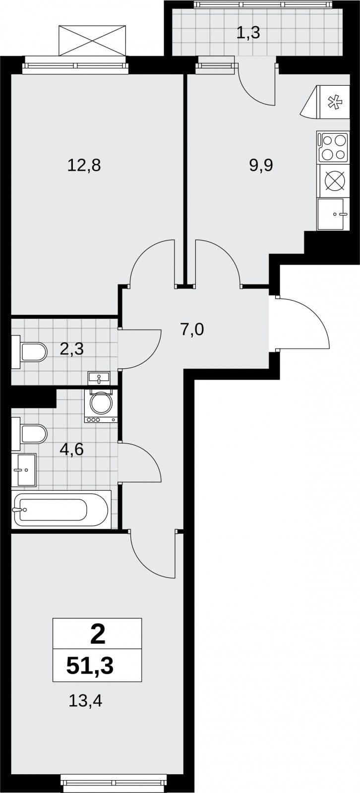 2-комнатная квартира без отделки, 51.3 м2, 7 этаж, сдача 1 квартал 2026 г., ЖК Дзен-кварталы, корпус 6.2.1 - объявление 2328425 - фото №1