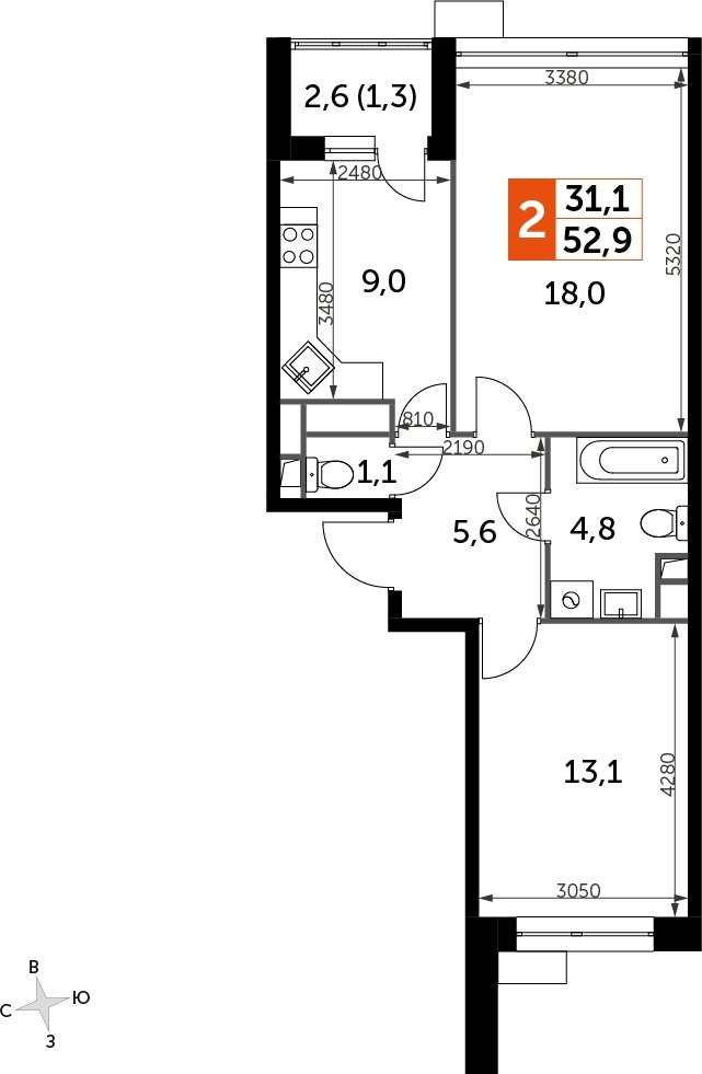 2-комнатная квартира без отделки, 52.9 м2, 4 этаж, дом сдан, ЖК Датский квартал, корпус 2 - объявление 2335332 - фото №1