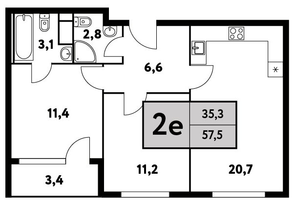2-комнатная квартира без отделки, 57.5 м2, 4 этаж, сдача 4 квартал 2023 г., ЖК Фестиваль Парк - 2, корпус 25 - объявление 1661771 - фото №1