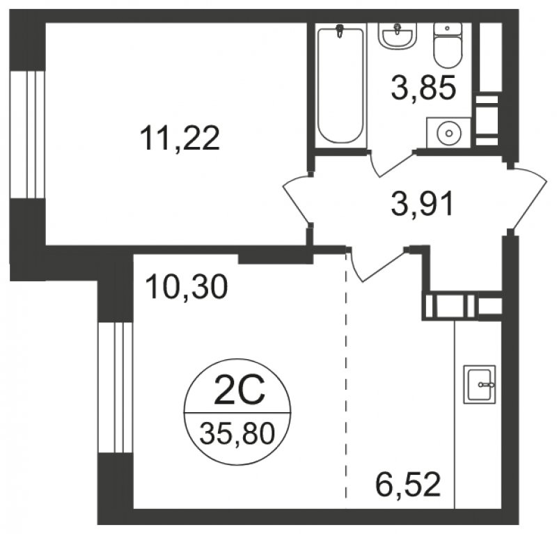 2-комнатная квартира с полной отделкой, 35.8 м2, 3 этаж, сдача 3 квартал 2023 г., ЖК Люберцы, корпус 66 - объявление 1682265 - фото №1