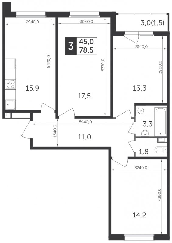3-комнатная квартира с полной отделкой, 78.5 м2, 6 этаж, сдача 1 квартал 2022 г., ЖК Датский квартал, корпус 1 - объявление 1329134 - фото №1
