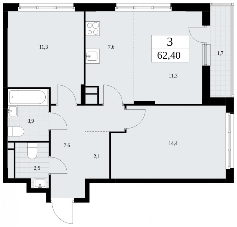 3-комнатная квартира (евро) без отделки, 62.4 м2, 14 этаж, сдача 4 квартал 2024 г., ЖК Скандинавия, корпус 36.1.2 - объявление 1801936 - фото №1