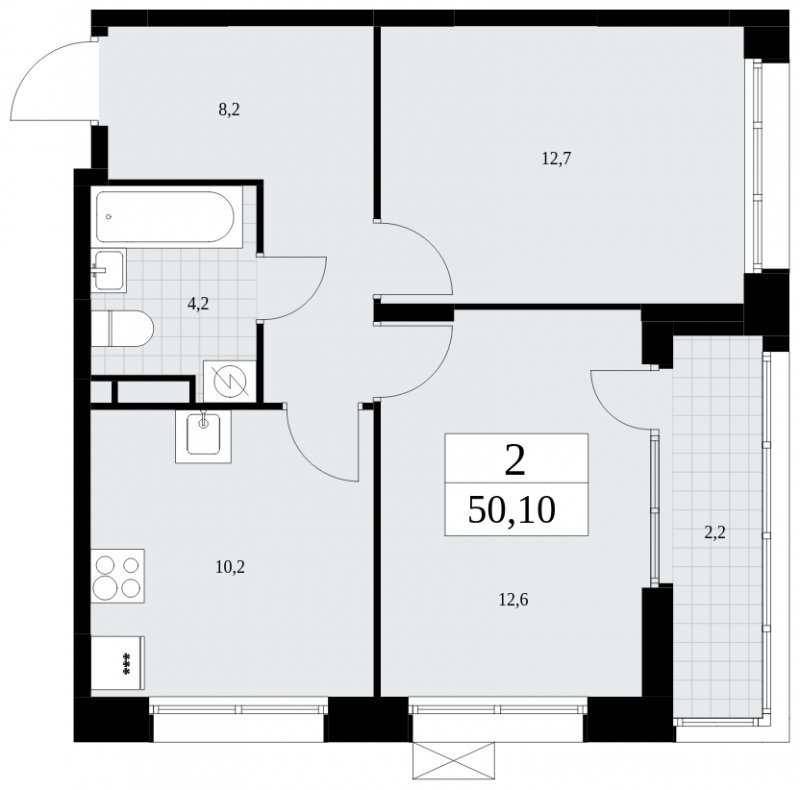 2-комнатная квартира с частичной отделкой, 50.1 м2, 6 этаж, сдача 2 квартал 2025 г., ЖК Бунинские кварталы, корпус 1.1 - объявление 1834204 - фото №1