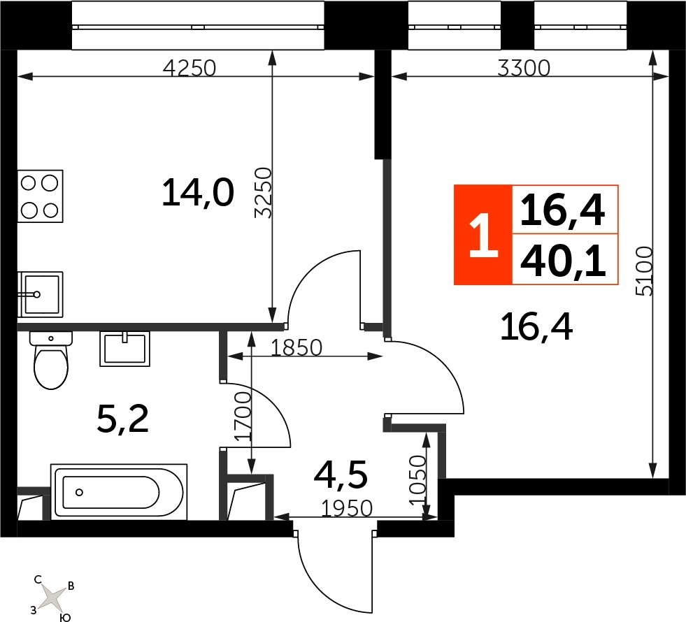 1-комнатная квартира с частичной отделкой, 40.1 м2, 16 этаж, сдача 3 квартал 2024 г., ЖК Sydney City, корпус 2.1 - объявление 2260109 - фото №1