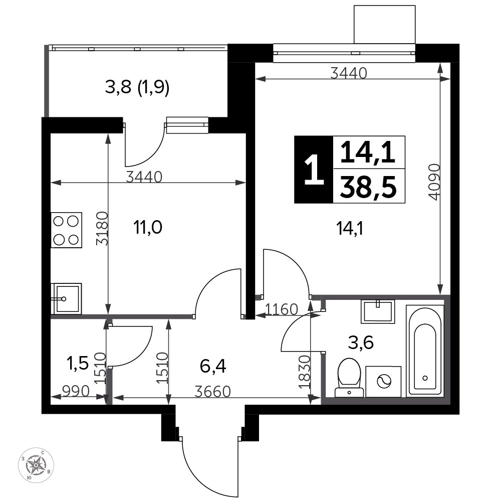 1-комнатная квартира с полной отделкой, 38.5 м2, 10 этаж, сдача 3 квартал 2023 г., ЖК Южная Битца, корпус 12 - объявление 2208198 - фото №1