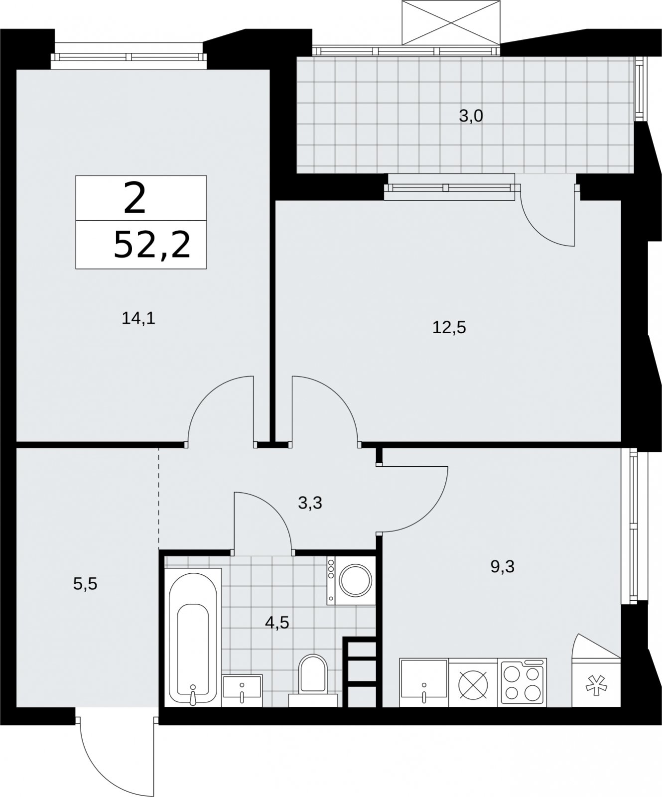 2-комнатная квартира без отделки, 52.2 м2, 8 этаж, сдача 2 квартал 2026 г., ЖК Бунинские кварталы, корпус 5.2 - объявление 2297361 - фото №1