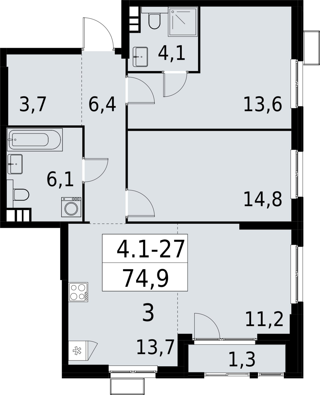 3-комнатная квартира (евро) с полной отделкой, 74.9 м2, 6 этаж, сдача 2 квартал 2027 г., ЖК Южные сады, корпус 4.1.1 - объявление 2392568 - фото №1
