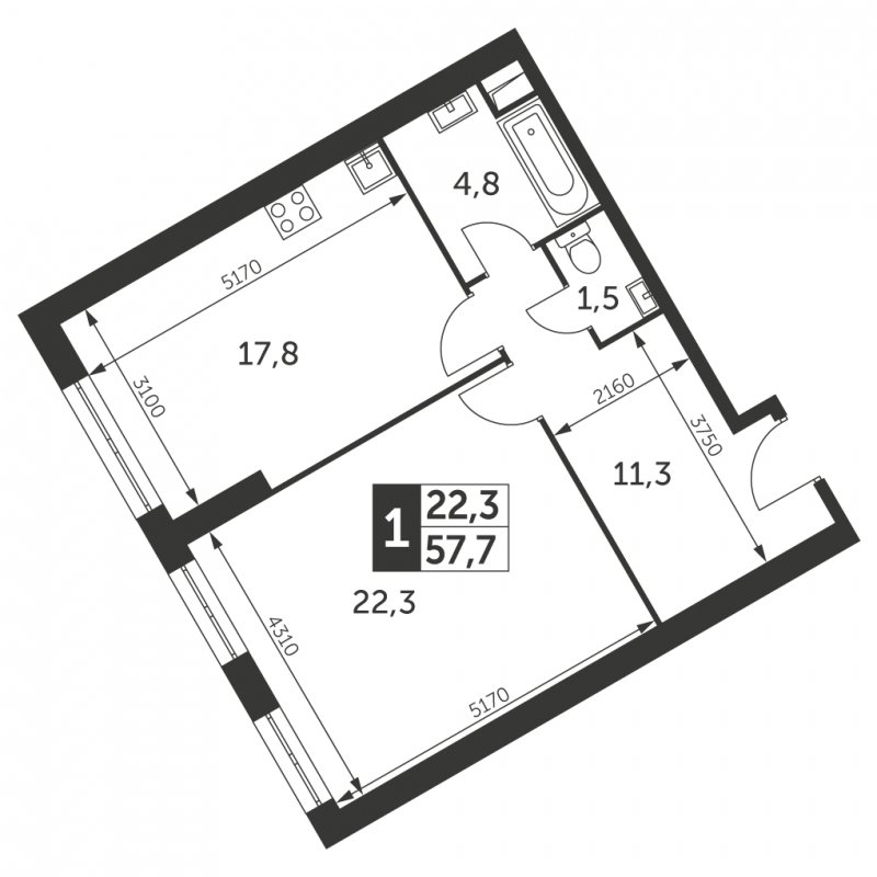 1-комнатная квартира с частичной отделкой, 57.7 м2, 32 этаж, сдача 4 квартал 2023 г., ЖК Архитектор, корпус 3 - объявление 1710115 - фото №1