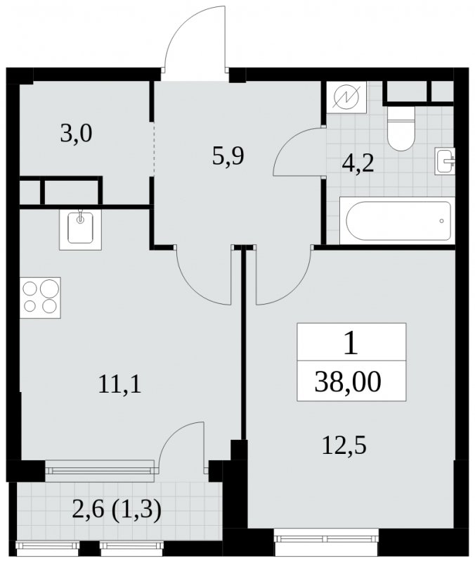 1-комнатная квартира с частичной отделкой, 38 м2, 8 этаж, сдача 2 квартал 2025 г., ЖК Южные сады, корпус 2.1 - объявление 1759964 - фото №1