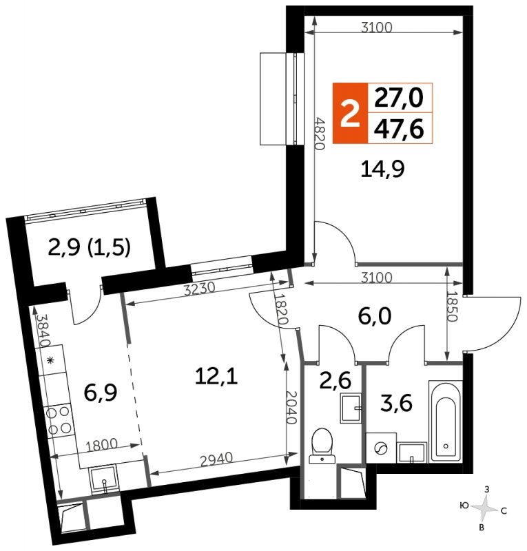 2-комнатная квартира без отделки, 47.6 м2, 2 этаж, сдача 3 квартал 2023 г., ЖК UP-квартал Римский, корпус 7 - объявление 1533720 - фото №1