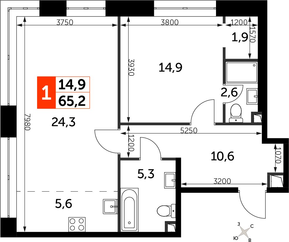 1-комнатная квартира с частичной отделкой, 65.2 м2, 6 этаж, сдача 3 квартал 2024 г., ЖК Sydney City, корпус 2.1 - объявление 2374909 - фото №1