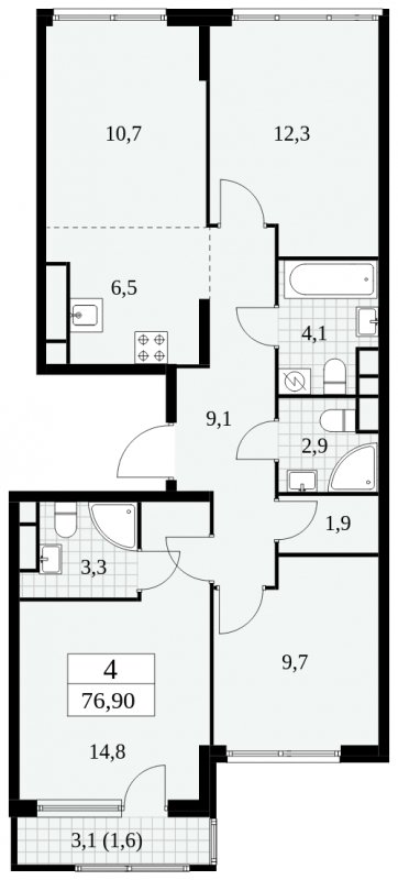 4-комнатная квартира (евро) без отделки, 76.9 м2, 25 этаж, сдача 2 квартал 2025 г., ЖК Южные сады, корпус 2.4 - объявление 1760515 - фото №1