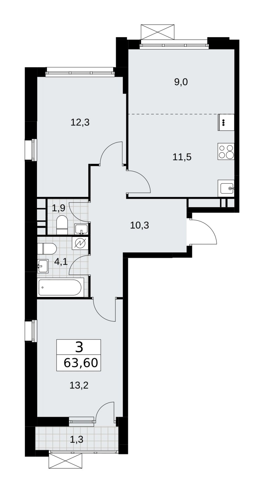 3-комнатная квартира (евро) без отделки, 63.6 м2, 13 этаж, сдача 3 квартал 2025 г., ЖК Скандинавия, корпус 28.1 - объявление 2201924 - фото №1