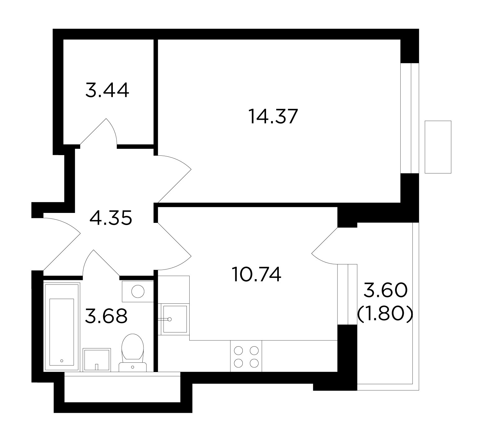 1-комнатная квартира без отделки, 38.38 м2, 5 этаж, дом сдан, ЖК VESNA, корпус 1 - объявление 2007551 - фото №1