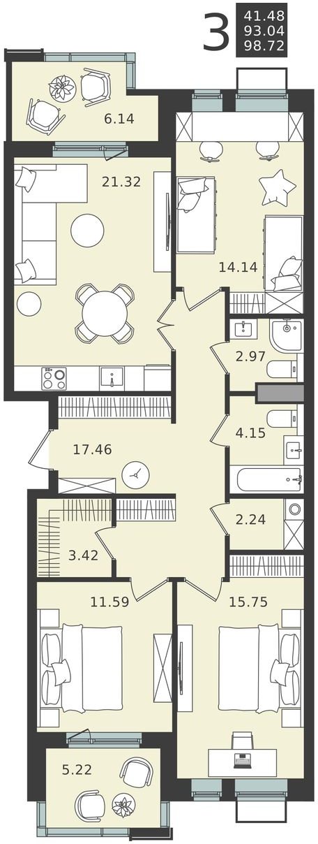 3-комнатная квартира без отделки, 98.72 м2, 4 этаж, сдача 1 квартал 2024 г., ЖК Мишино-2, корпус 6 - объявление 2323236 - фото №1