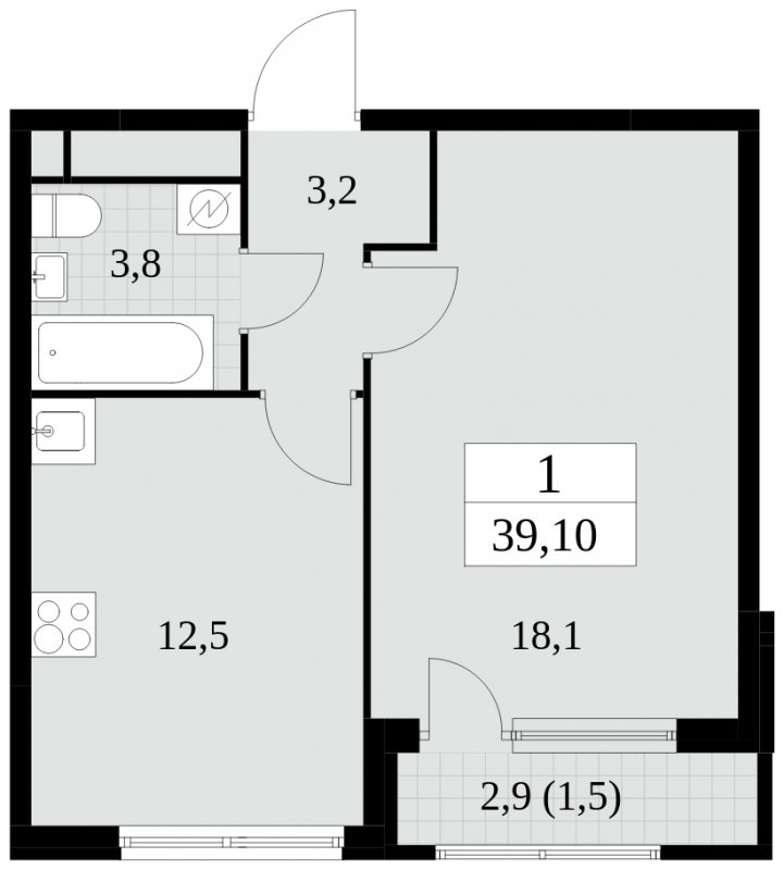 1-комнатная квартира без отделки, 39.1 м2, 18 этаж, сдача 2 квартал 2025 г., ЖК Южные сады, корпус 2.3 - объявление 1758364 - фото №1