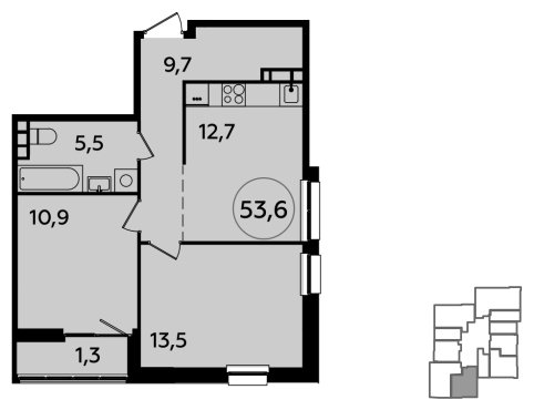 2-комнатная квартира без отделки, 53.6 м2, 20 этаж, сдача 1 квартал 2024 г., ЖК Южные сады, корпус 1.2 - объявление 1512234 - фото №1