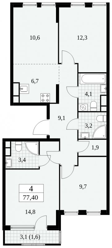 4-комнатная квартира (евро) без отделки, 77.4 м2, 11 этаж, сдача 2 квартал 2025 г., ЖК Южные сады, корпус 2.4 - объявление 1760459 - фото №1