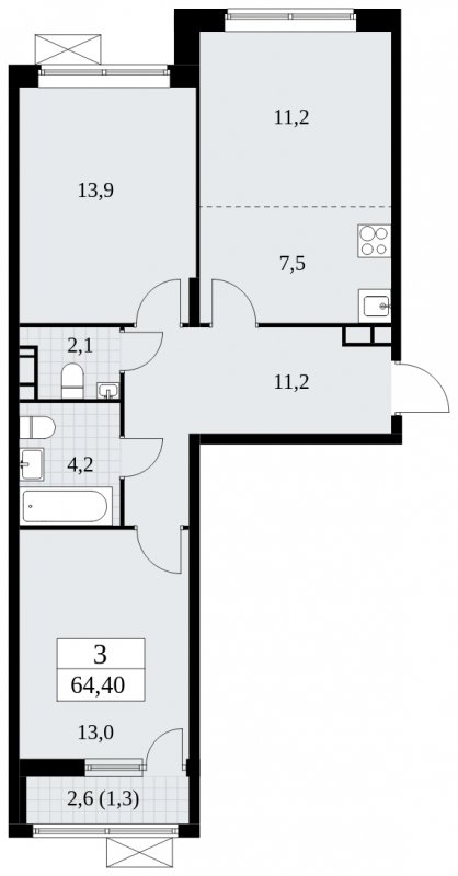 3-комнатная квартира (евро) без отделки, 64.4 м2, 3 этаж, сдача 1 квартал 2025 г., ЖК Прокшино, корпус 5.2.4 - объявление 1900662 - фото №1