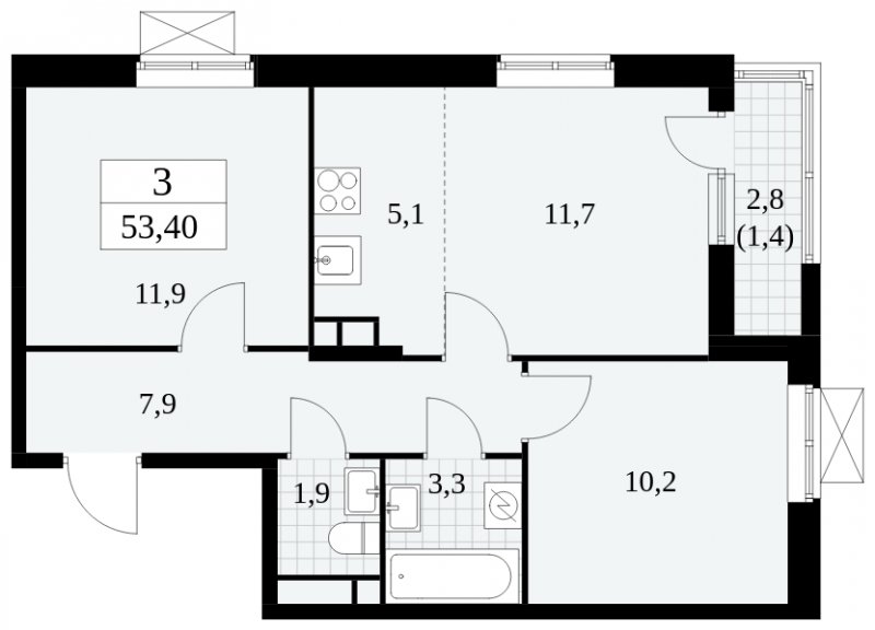 3-комнатная квартира (евро) с частичной отделкой, 53.4 м2, 5 этаж, сдача 2 квартал 2025 г., ЖК Прокшино, корпус 5.1.1 - объявление 1859849 - фото №1
