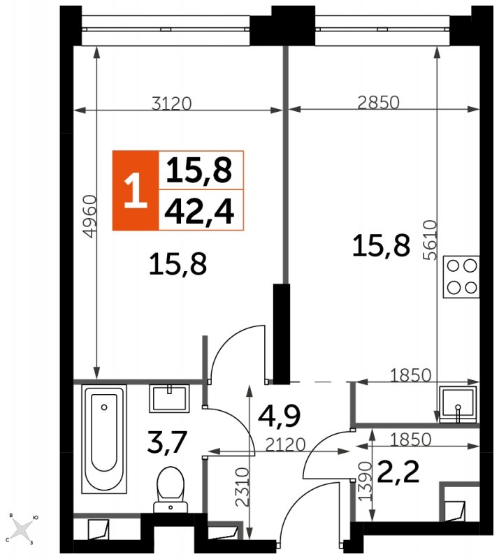 1-комнатная квартира без отделки, 42.4 м2, 36 этаж, сдача 1 квартал 2023 г., ЖК Sydney City, корпус 3 - объявление 1710083 - фото №1