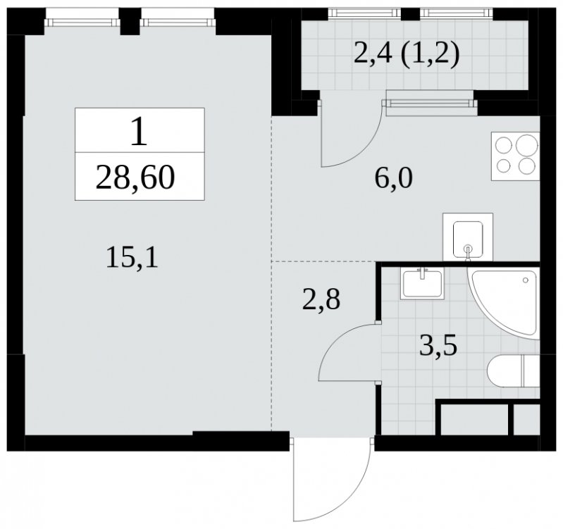 Студия с частичной отделкой, 28.6 м2, 13 этаж, сдача 2 квартал 2025 г., ЖК Южные сады, корпус 2.2 - объявление 1757548 - фото №1