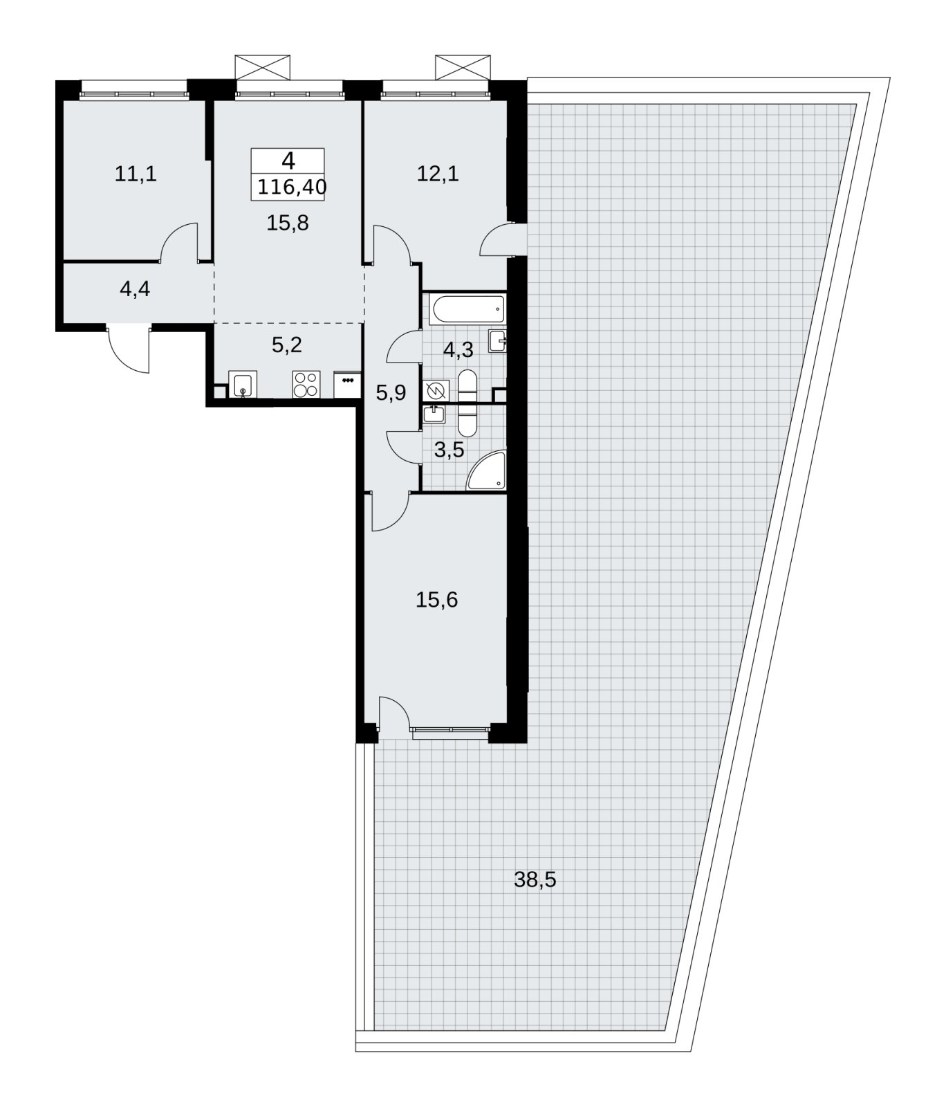 4-комнатная квартира без отделки, 116.4 м2, 2 этаж, сдача 3 квартал 2025 г., ЖК Бунинские кварталы, корпус 3.1 - объявление 2151762 - фото №1