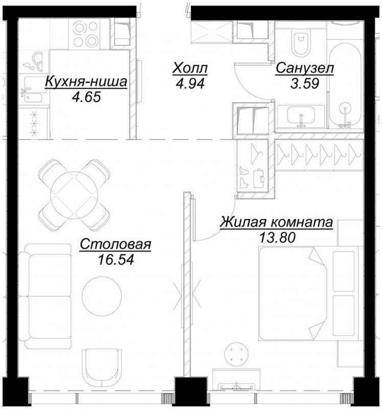 1-комнатная квартира с частичной отделкой, 43.44 м2, 37 этаж, сдача 4 квартал 2024 г., ЖК MOD, корпус Mod.M - объявление 1788247 - фото №1