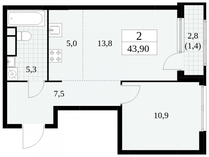 2-комнатная квартира (евро) без отделки, 43.9 м2, 17 этаж, сдача 2 квартал 2025 г., ЖК Южные сады, корпус 2.4 - объявление 1760353 - фото №1