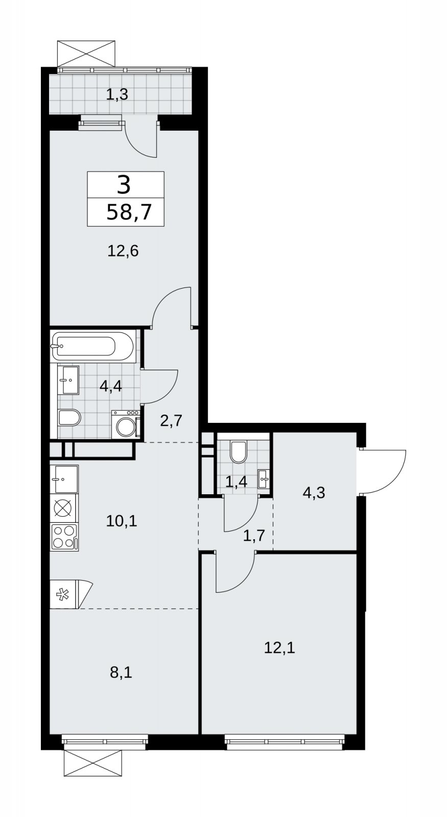 3-комнатная квартира (евро) без отделки, 58.7 м2, 13 этаж, сдача 1 квартал 2026 г., ЖК Прокшино, корпус 11.2.1 - объявление 2269888 - фото №1
