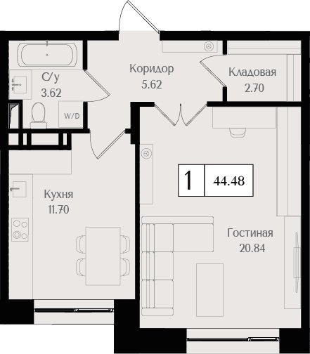 1-комнатная квартира без отделки, 44.72 м2, 6 этаж, сдача 3 квартал 2024 г., ЖК Преображенская площадь, корпус 1 - объявление 2266297 - фото №1
