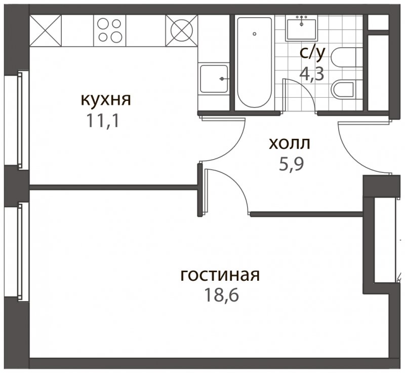 1-комнатная квартира без отделки, 39.9 м2, 7 этаж, сдача 2 квартал 2022 г., ЖК HomeCity, корпус 4 - объявление 1672279 - фото №1