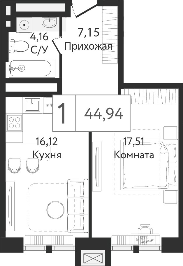 1-комнатная квартира без отделки, 44.94 м2, 9 этаж, сдача 3 квартал 2023 г., ЖК Dream Towers, корпус 1 - объявление 2261179 - фото №1