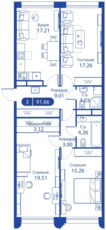 3-комнатная квартира без отделки, 97.35 м2, 3 этаж, сдача 4 квартал 2023 г., ЖК iLove, корпус 3 - объявление 1774461 - фото №1