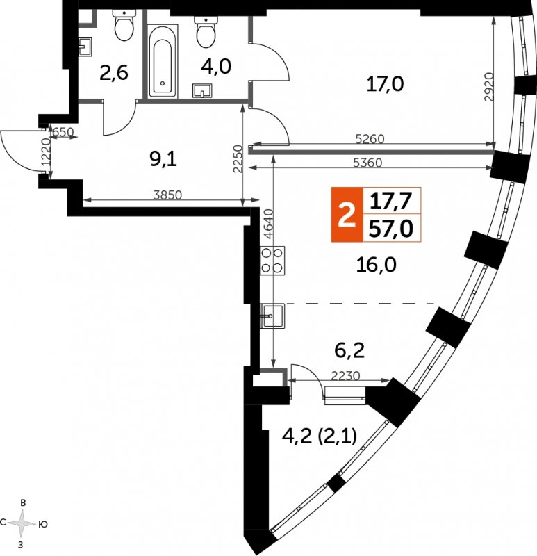 1-комнатная квартира с частичной отделкой, 57 м2, 5 этаж, сдача 3 квартал 2024 г., ЖК Sydney City, корпус 2.2 - объявление 1974382 - фото №1