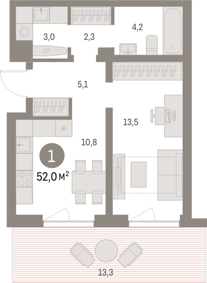 1-комнатная квартира с частичной отделкой, 51.96 м2, 1 этаж, дом сдан, ЖК Первый квартал, корпус 5 - объявление 2266659 - фото №1