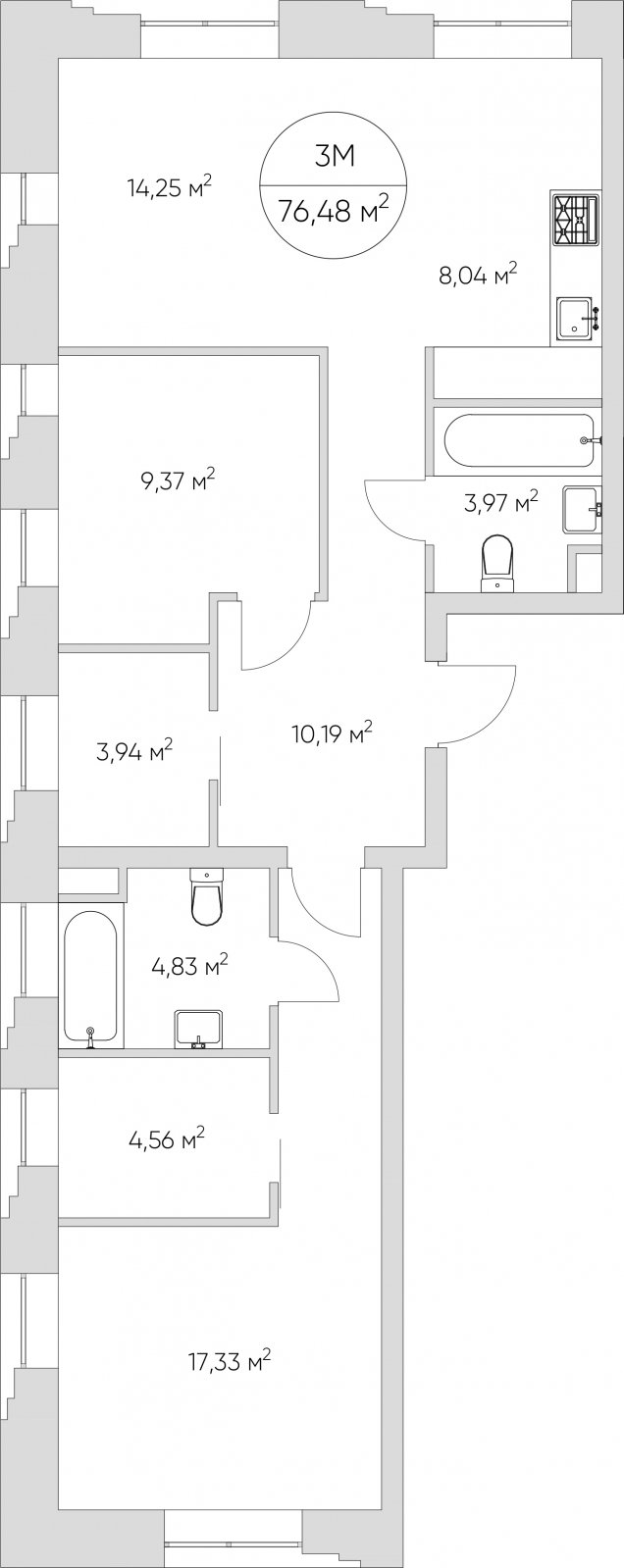 3-комнатные апартаменты без отделки, 76.48 м2, 14 этаж, дом сдан, ЖК N'ICE LOFT, корпус 1 - объявление 2406373 - фото №1