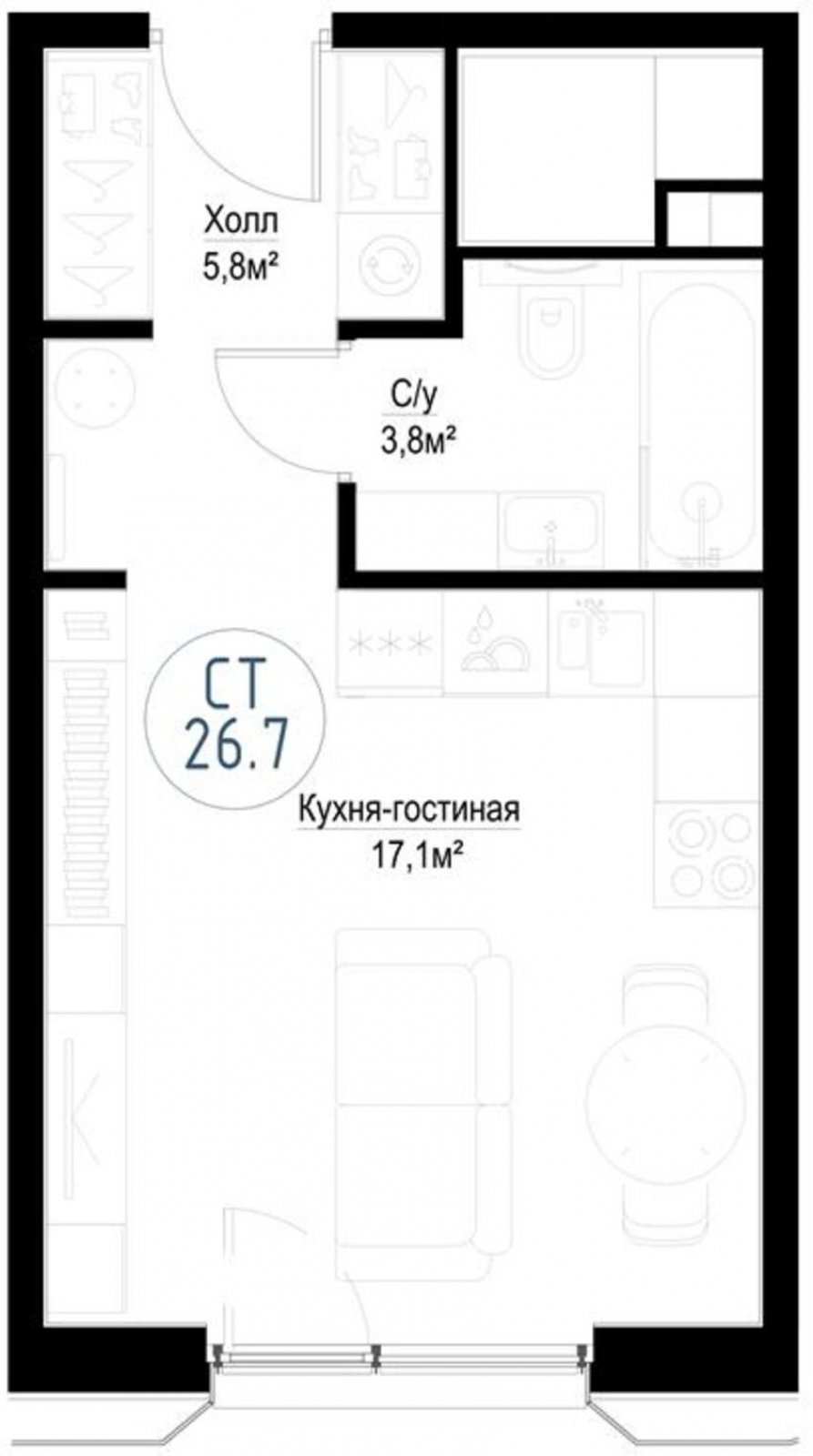 Студия с частичной отделкой, 26.7 м2, 26 этаж, сдача 3 квартал 2024 г., ЖК Метрополия, корпус Veliky Novgorod - объявление 2255487 - фото №1