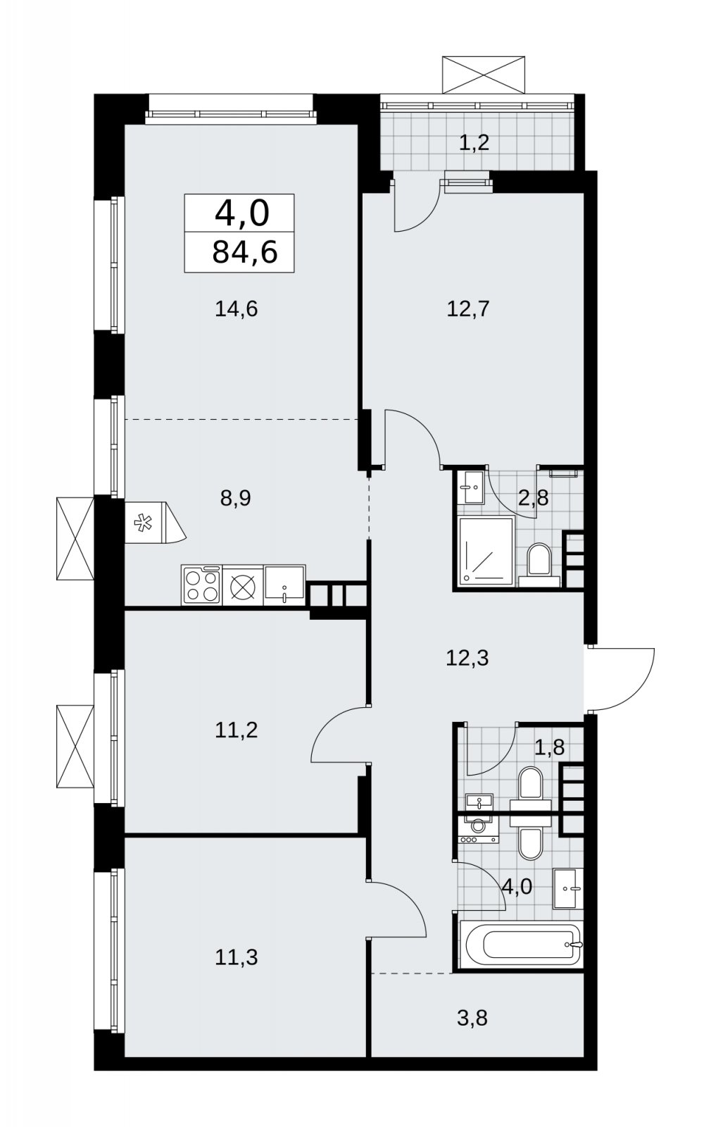 4-комнатная квартира (евро) с частичной отделкой, 84.6 м2, 15 этаж, сдача 2 квартал 2026 г., ЖК Прокшино, корпус 10.1.4 - объявление 2227496 - фото №1