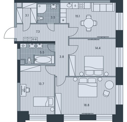 3-комнатная квартира без отделки, 85.2 м2, 8 этаж, сдача 3 квартал 2025 г., ЖК EVER, корпус 4 - объявление 2397925 - фото №1