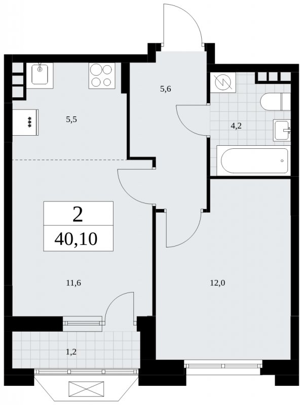 2-комнатная квартира (евро) без отделки, 40.1 м2, 9 этаж, сдача 1 квартал 2025 г., ЖК Бунинские кварталы, корпус 1.3 - объявление 1834665 - фото №1