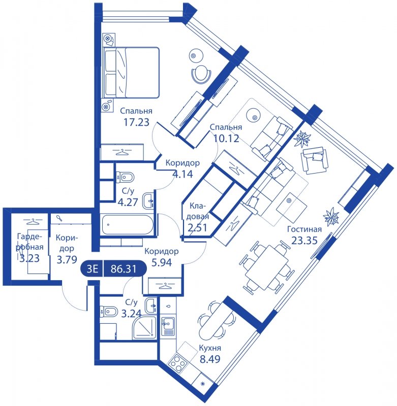 3-комнатная квартира без отделки, 82.89 м2, 13 этаж, сдача 4 квартал 2023 г., ЖК iLove, корпус 3 - объявление 1774525 - фото №1