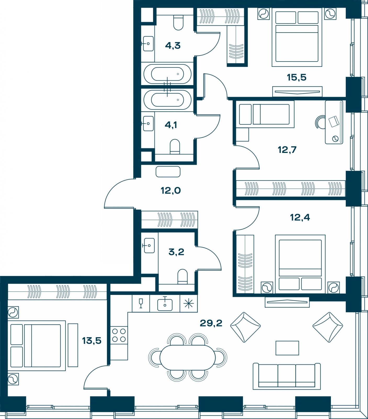 4-комнатная квартира с частичной отделкой, 106.9 м2, 21 этаж, сдача 4 квартал 2026 г., ЖК SOUL, корпус 3 - объявление 2329837 - фото №1